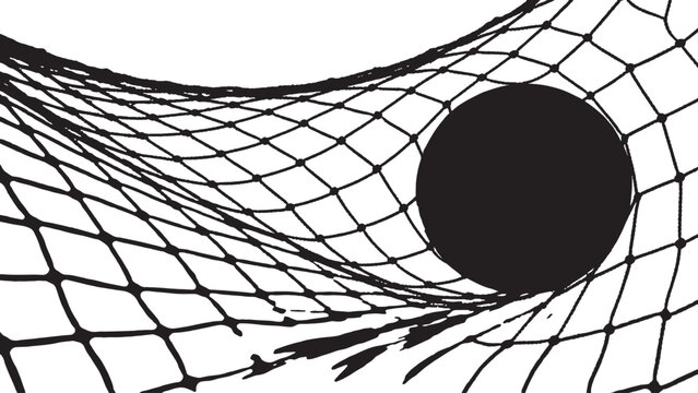 Silhouette of a soccer ball hitting the back of the net, net stretching outward, dynamic, white background.