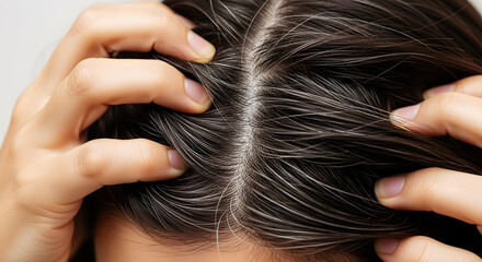 Fototapeta premium Close up of hands touching dark hair with visible gray strands and roots gray hair aging