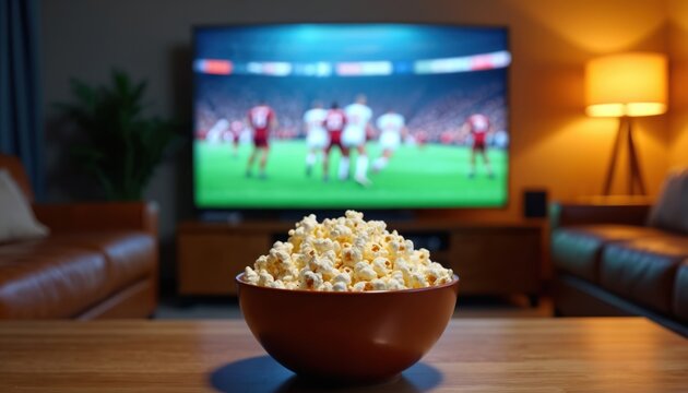 Bowl of popcorn sits on table before large TV screen showing soccer match. Cozy living room interior with sofa lamp provides warm atmosphere for game viewing.