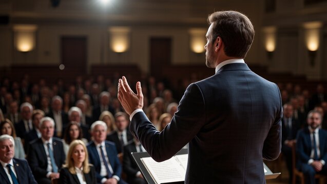 Male speaker in dark suit gestures while addressing an audience in formal attire during a conference in a well-lit auditorium with wooden paneling