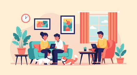 Plakat People working on laptops in a living room with pets