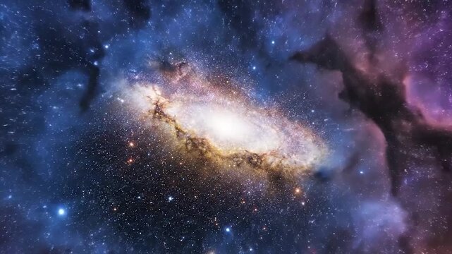 A massive asteroid drifts through a vibrant nebula-filled galaxy