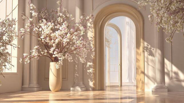 A serene architectural interior featuring arched doorways and floral arrangements, evoking a sense of elegance and tranquility.