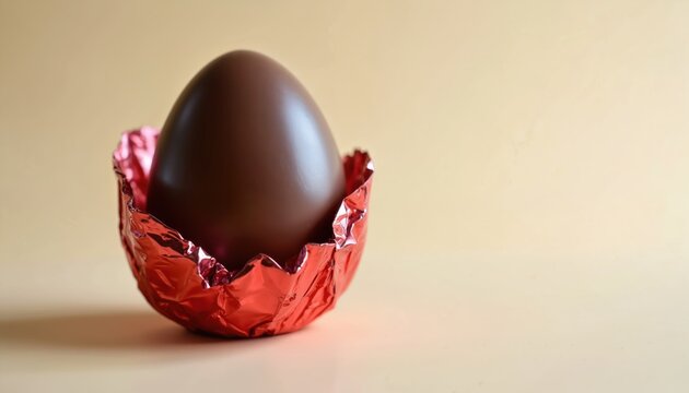 Brown chocolate easter egg sits in shiny red foil wrapper. Festive sweet treat ready for holiday celebration. Delicious dessert for springtime joy.