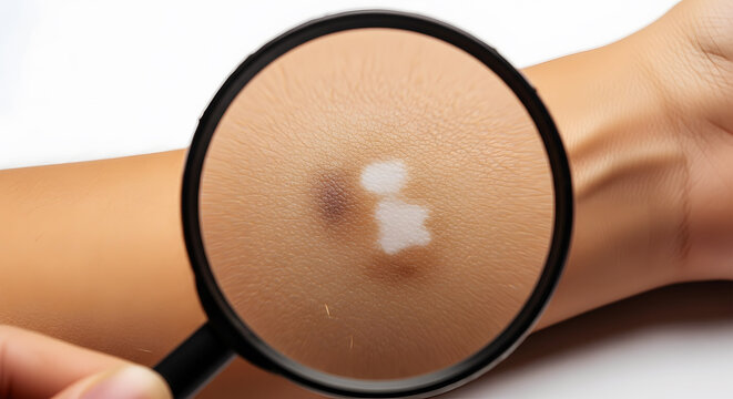 Close-up of a person's arm skin magnified by a magnifying glass, showing a patch of vitiligo or depigmentation