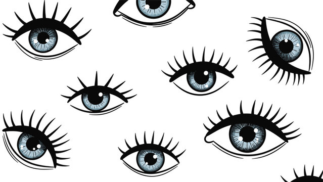 Whimsical and striking seamless pattern featuring various stylized blue eyes with long, detailed eyelashes on a clean white background, creating a unique and captivating design.