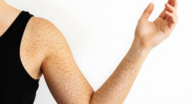 Close up of a woman's arm covered in freckles against a white background Keywords: freckles, skin, arm, woman, human, body, beauty, dermatology, melanin, pigmentation, sun spots, beauty mark