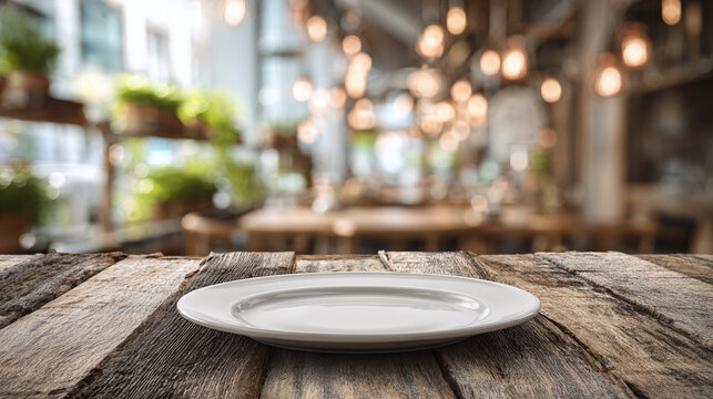 A close-up shot of an empty plate resting on a wooden table, with a blurred restaurant background. The plate is the focal point, suggesting anticipation or a moment of pause.
