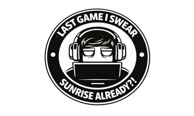 Black and white gaming badge vector set featuring gamer quotes, controllers, headset player, energy drink, and focus crosshair symbols.