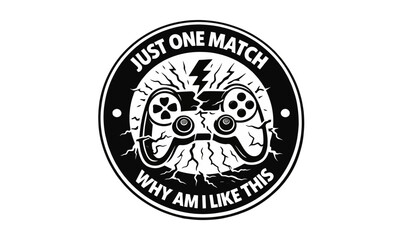 Black and white gaming badge vector set featuring gamer quotes, controllers, headset player, energy drink, and focus crosshair symbols.