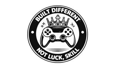 Black and white gaming badge vector set featuring gamer quotes, controllers, headset player, energy drink, and focus crosshair symbols.