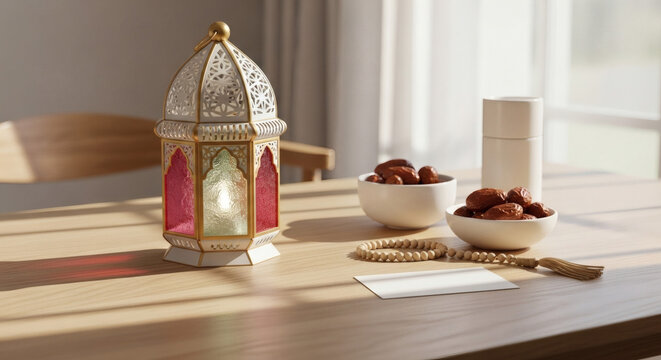 Ramadan Kareem Still Life with Traditional Lantern, Dates, and Prayer Beads on Wooden Table