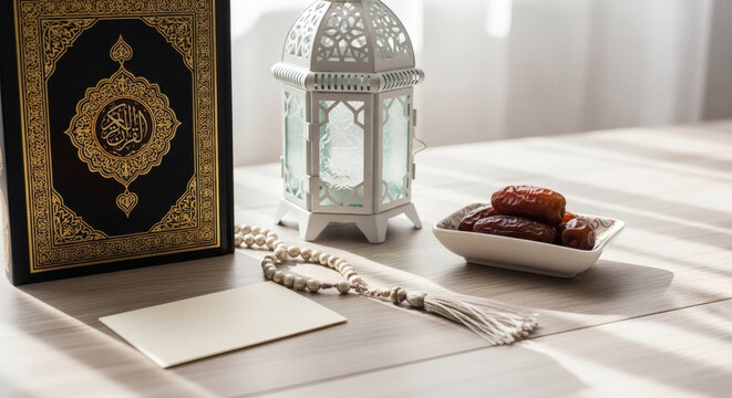 Ramadan Kareem Still Life with Quran, Traditional Lantern, Dates, and Prayer Beads on Wooden Table