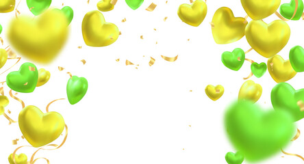 scene featuring floating metallic green and yellow gold hearts. Complemented by shimmering gold confetti and streamers against a clean background