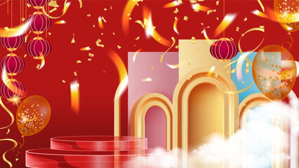 Chinese New Year celebration scene featuring red multi tier podium elegant golden arches hanging traditional lanterns. Decorated with sparkling gold balloons against