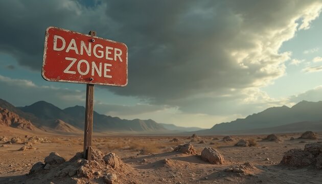Red weathered sign reads DANGER ZONE in dry barren desert landscape. Mountains on horizon under cloudy sky. Sign marks isolated remote territory.