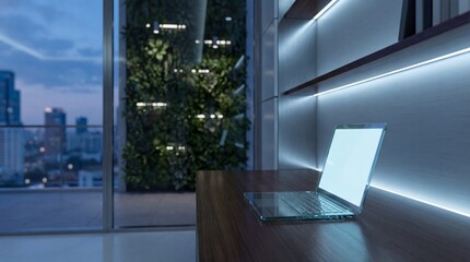 Fototapeta premium Luxury penthouse office interior with a next-generation glass laptop