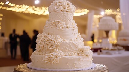 A beautiful white wedding cake with floral decorations stands on a table in a luxurious event hall with people in the background.