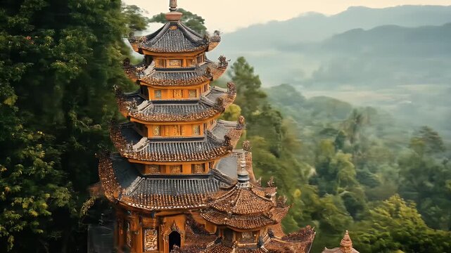 Ornate tiered pagoda nestled in lush, misty mountain landscape
