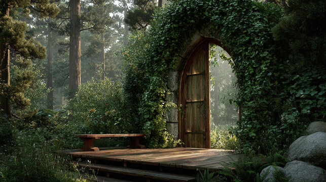A mysterious wooden arched doorway, enveloped in lush greenery, reveals a glimpse of nature's beauty