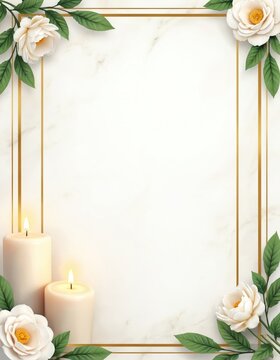 Elegant funeral invitation frame with lit candles and white roses. Marble background with gold border for memorial service or sympathy card. Peaceful design for remembrance.