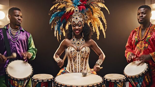 Vibrant Dancers in Traditional Festive Attire Play Drums Together Creating Lively Rhythms With Bright Feathered