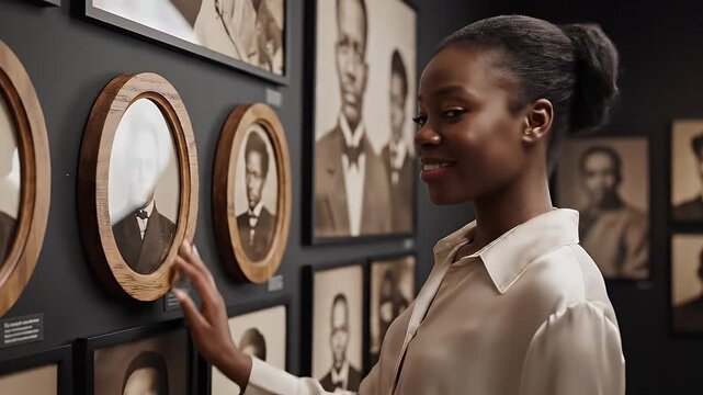 Young Black Woman Looking at Historical Portraits in a Museum Gallery