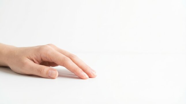 Adult hand with natural nails gently resting on a clean white surface bright minimalist studio shot