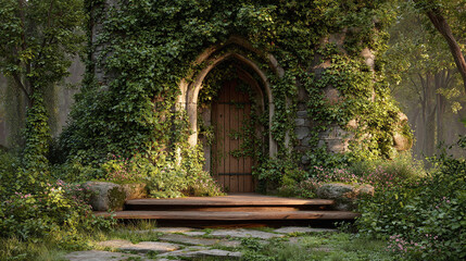Fototapeta premium A mystical stone archway shrouded in lush greenery, leading into an enchanting, overgrown garden 