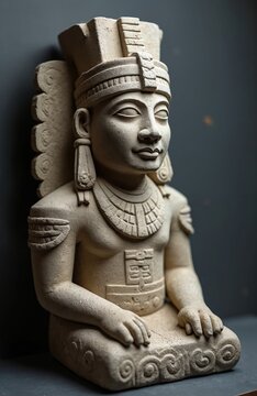 Stone sculpture of ancient Aztec ruler or god seated cross-legged. Intricate carvings adorn headdress, necklace, and chest plate. Detailed figure displays cultural heritage.