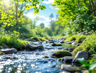 Fototapeta premium Sun-dappled stream flowing through a vibrant green forest. Clear water sparkles over mossy rocks in a tranquil natural landscape, capturing the beauty of spring or summer.