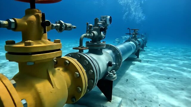 Underwater Pipeline Installation With Valves and Gauges on Sandy Seabed With Bubbles Rising in Blue Ocean Water