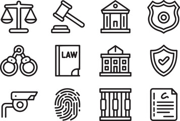 Outline Legal and Law Enforcement Vector Icon Set