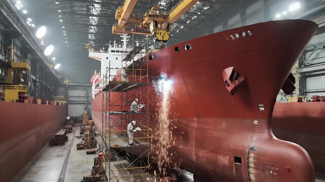 Massive Red Ship Under Construction Inside Industrial Warehouse With Cranes Overhead Yellow Machinery And Workers On