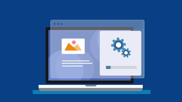 Flat vector illustration of a laptop showing a content preview panel and settings gear, representing content management system, website administration, and digital workflow on a blue background.

