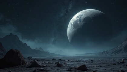 Alien planet landscape under huge moon and starry sky. Rocky terrain, mountains in distance, eerie mist covering ground. Celestial body dominates horizon, suggesting desolate or dangerous exoplanet.