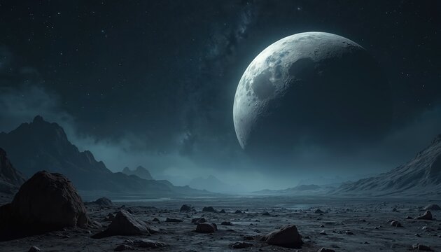 Alien planet landscape under huge moon and starry sky. Rocky terrain, mountains in distance, eerie mist covering ground. Celestial body dominates horizon, suggesting desolate or dangerous exoplanet.