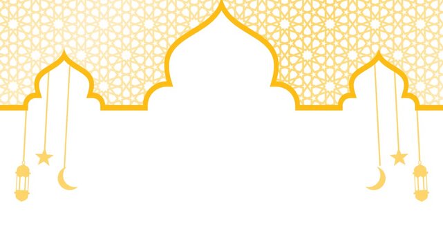 White and Gold Ramadan Frame Animation with Islamic Architecture and Hanging Lanterns Suitable for Lower Thirds, Title Sequences, and Presentation Slides