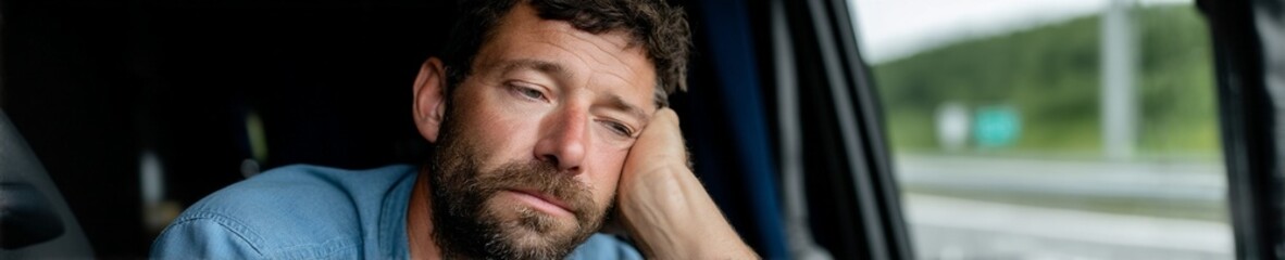 Obraz premium Tired white adult man resting head on hand inside car, road and highway blur outside window, quiet commute mood, fatigue and mental health theme