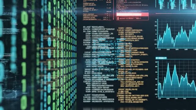 Digital data stream with binary code and graphs on futuristic displays