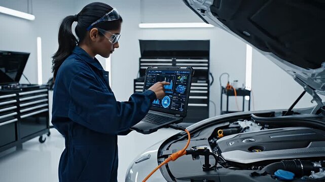 Female Mechanic Inspecting Vehicle Engine With Laptop Diagnostic Tool in Brightly Lit Workshop