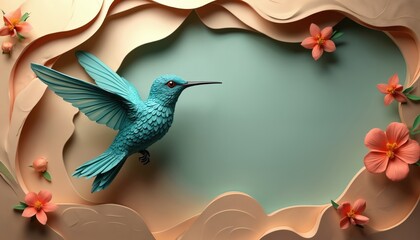 Fototapeta premium Turquoise hummingbird with spread wings flies near orange flowers and wavy paper cut shapes. Bird has detailed feathers and red eyes. Gentle pastel color palette.