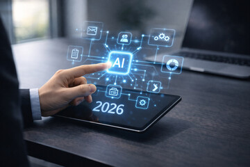 Business professional managing AI workflow automation system on tablet in modern office