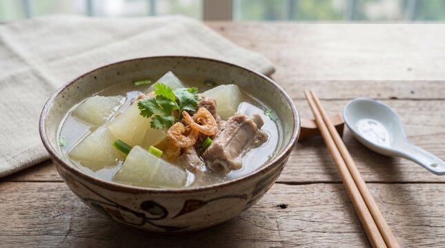 Winter Melon Soup: Winter Melon Soup with pork ribs and dried shrimp, clear broth, soft translucent melon chunks, ceramic bowl, traditional style, copy space for text.