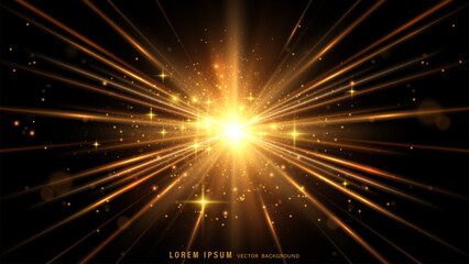 Obraz premium Golden light beam background. Abstract gold starburst vector with lens flare, glitter particles, and bright rays