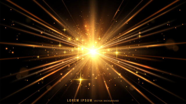 Golden light beam background. Abstract gold starburst vector with lens flare, glitter particles, and bright rays