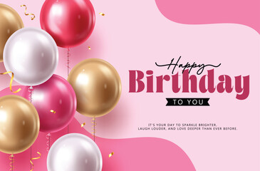 Naklejka premium Chic Pink and Gold Birthday Celebration with Glossy Balloons, Wavy Accents, and Modern Typography