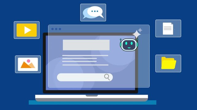 Flat vector illustration of a laptop displaying content preview and settings panel, representing content management, website control, and digital publishing tools on a blue background.
