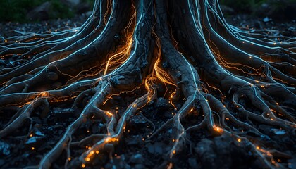 Obraz premium Hyper-detailed underground view of majestic tree roots entwined with glowing blue and gold fiber-optic cables