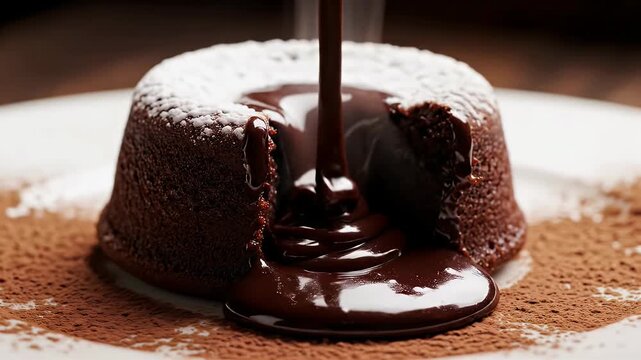 Dense chocolate lava cake oozing hot chocolate sauce